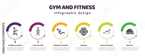 gym and fitness infographic template with icons and 6 step or option. gym and fitness icons such as dumbbells exercise, stick man hoop, abdominal exercises, headgear, pushups exercises, bosu ball
