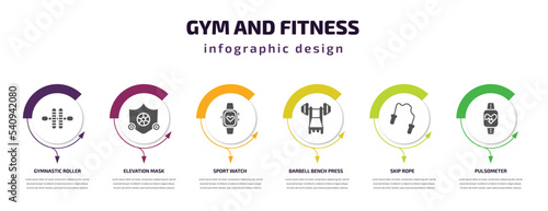 gym and fitness infographic template with icons and 6 step or option. gym and fitness icons such as gymnastic roller, elevation mask, sport watch, barbell bench press, skip rope, pulsometer vector. photo