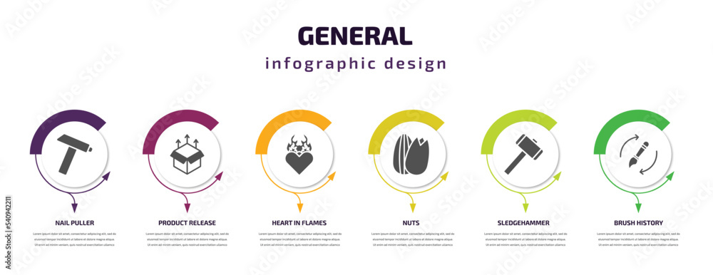 Fototapeta premium general infographic template with icons and 6 step or option. general icons such as nail puller, product release, heart in flames, nuts, sledgehammer, brush history vector. can be used for banner,