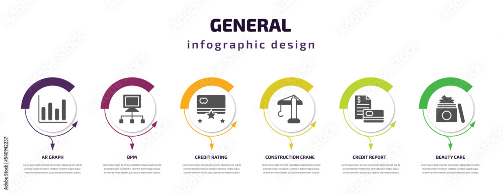 general infographic template with icons and 6 step or option. general icons such as ar graph, bpm, credit rating, construction crane, credit report, beauty care vector. can be used for banner, info general infographic template with icons and 6 step or option. general icons such as ar graph, bpm, credit rating, construction crane, credit report, beauty care vector. can be used for banner, info
