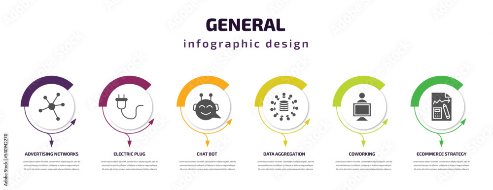 general infographic template with icons and 6 step or option. general icons such as advertising networks, electric plug, chat bot, data aggregation, coworking, ecommerce strategy vector. can be used