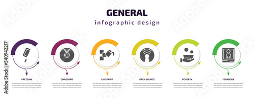 general infographic template with icons and 6 step or option. general icons such as fretsaw, cd record, live paint, open source, poverty, yearbook vector. can be used for banner, info graph, web,