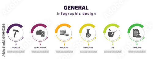 general infographic template with icons and 6 step or option. general icons such as nail puller, digital product, annual fee, chemical lab, gmo, hr policies vector. can be used for banner, info