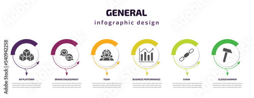 general infographic template with icons and 6 step or option. general icons such as ar platform, brand engagement, team, business performance, chain, sledgehammer vector. can be used for banner,