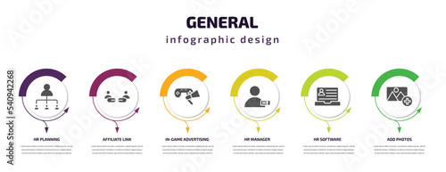 general infographic template with icons and 6 step or option. general icons such as hr planning, affiliate link, in-game advertising, hr manager, hr software, add photos vector. can be used for