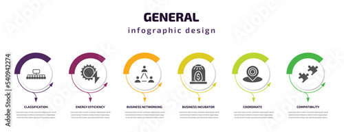 general infographic template with icons and 6 step or option. general icons such as classification, energy efficiency, business networking, business incubator, coordinate, compatibility vector. can