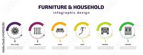 furniture & household infographic template with icons and 6 step or option. furniture & household icons such as wall clock, radiator, couch, bidet, window, armoire vector. can be used for banner,