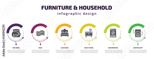 furniture & household infographic template with icons and 6 step or option. furniture & household icons such as fish bowl, rugs, sleigh bed, night stand, dehumidifier, heating unit vector. can be