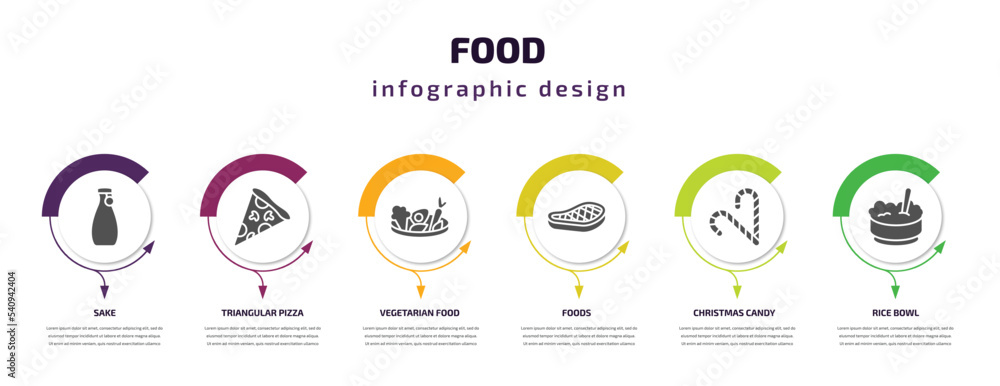 Fototapeta premium food infographic template with icons and 6 step or option. food icons such as sake, triangular pizza slice, vegetarian food, foods, christmas candy sticks, rice bowl vector. can be used for banner,