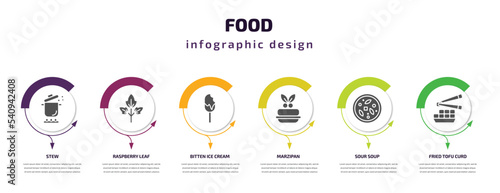 food infographic template with icons and 6 step or option. food icons such as stew, raspberry leaf, bitten ice cream, marzipan, sour soup, fried tofu curd balls vector. can be used for banner, info