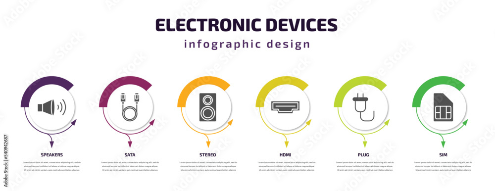 electronic devices infographic template with icons and 6 step or option. electronic devices icons such as speakers, sata, stereo, hdmi, plug, sim vector. can be used for banner, info graph, web,