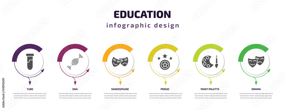 education infographic template with icons and 6 step or option. education icons such as tube, dna, shakespeare, proud, paint palette, drama vector. can be used for banner, info graph, web, education infographic template with icons and 6 step or option. education icons such as tube, dna, shakespeare, proud, paint palette, drama vector. can be used for banner, info graph, web,