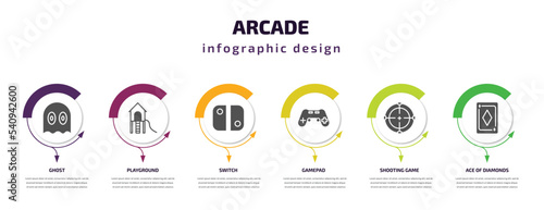 arcade infographic template with icons and 6 step or option. arcade icons such as ghost, playground, switch, gamepad, shooting game, ace of diamonds vector. can be used for banner, info graph, web,