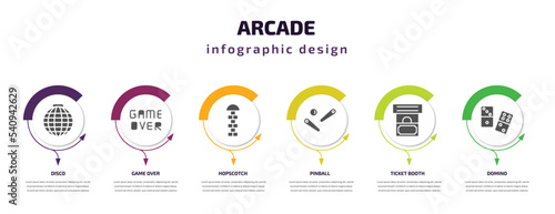 arcade infographic template with icons and 6 step or option. arcade icons such as disco, game over, hopscotch, pinball, ticket booth, domino vector. can be used for banner, info graph, web,