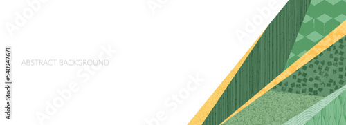 Abstract farm field collage background. Agro land backdrop, farmland landscape vector illustration with texture. Oriental decorative banner, eco design, green rural panorama, ecology art header