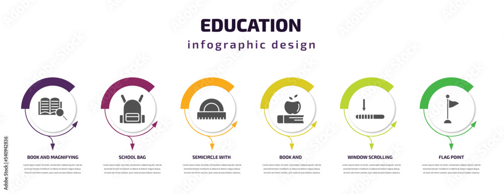 education infographic template with icons and 6 step or option. education icons such as book and magnifying, school bag, semicircle with ruler, book and, window scrolling left, flag point vector.