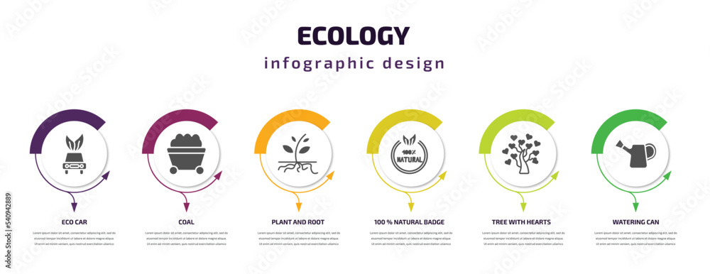 ecology infographic template with icons and 6 step or option. ecology icons such as eco car, coal, plant and root, 100 % natural badge, tree with hearts, watering can vector. can be used for banner,