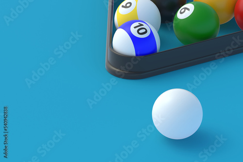 Billiard balls in plastic triangle. Game for leisure. Sports equipment. Copy space. 3d render