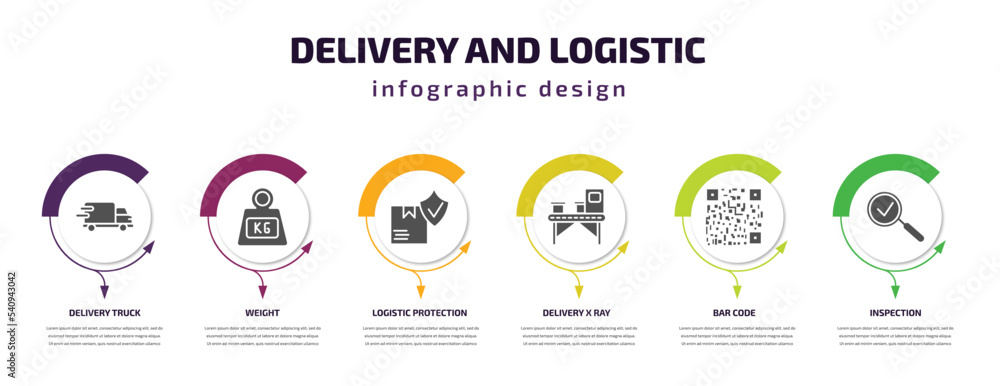 delivery and logistic infographic template with icons and 6 step or option. delivery and logistic icons such as delivery truck, weight, logistic protection, x ray, bar code, inspection vector. can