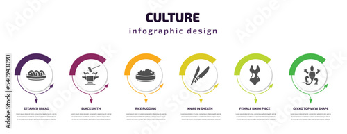 culture infographic template with icons and 6 step or option. culture icons such as steamed bread, blacksmith, rice pudding, knife in sheath, female bikini piece, gecko top view shape vector. can be