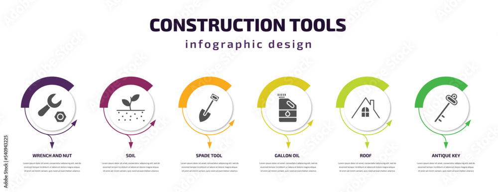 construction tools infographic template with icons and 6 step or option. construction tools icons such as wrench and nut, soil, spade tool, gallon oil, roof, antique key vector. can be used for construction tools infographic template with icons and 6 step or option. construction tools icons such as wrench and nut, soil, spade tool, gallon oil, roof, antique key vector. can be used for
