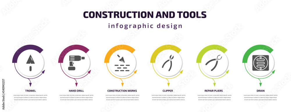 Fototapeta premium construction and tools infographic template with icons and 6 step or option. construction and tools icons such as trowel, hand drill, construction works, clipper, repair pliers, drain vector. can be