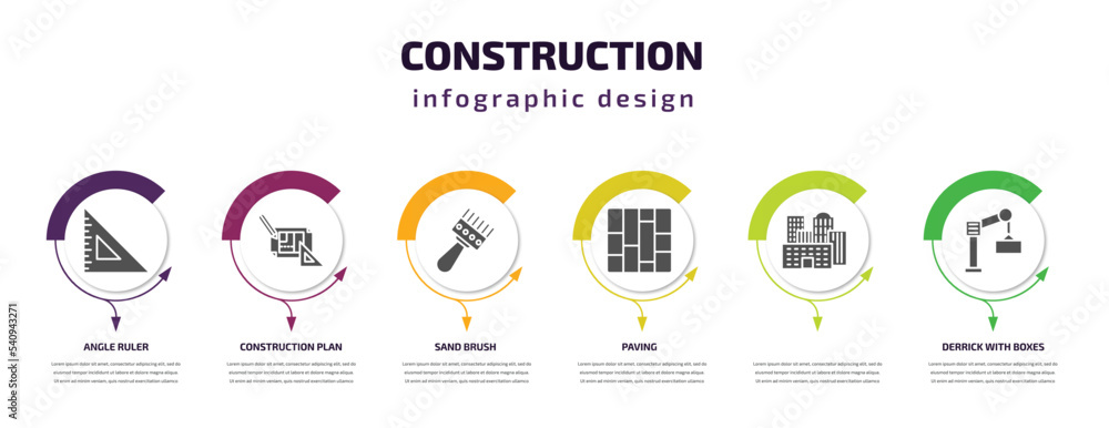 construction infographic template with icons and 6 step or option. construction icons such as angle ruler, construction plan, sand brush, paving, , derrick with boxes vector. can be used for