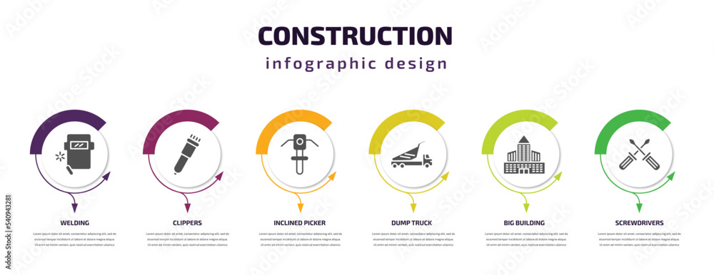 Fototapeta premium construction infographic template with icons and 6 step or option. construction icons such as welding, clippers, inclined picker, dump truck, big building, screwdrivers vector. can be used for