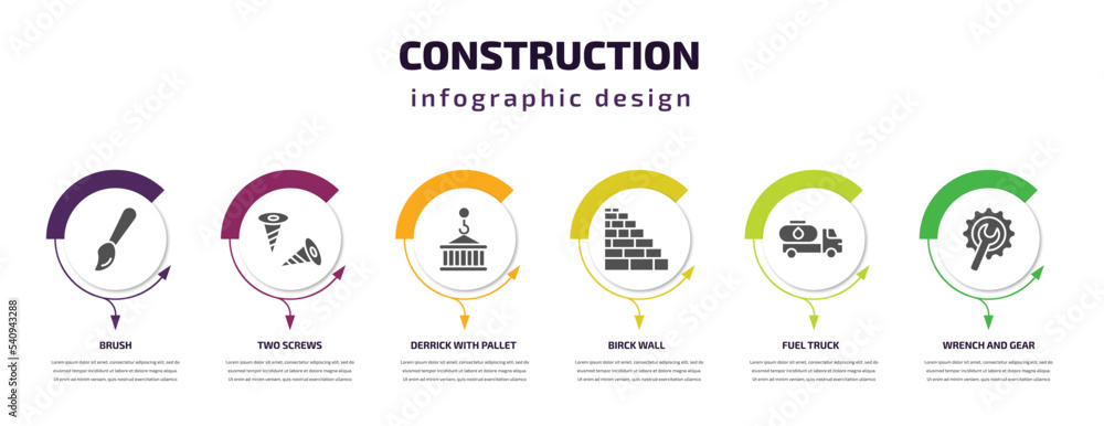 Fototapeta premium construction infographic template with icons and 6 step or option. construction icons such as brush, two screws, derrick with pallet, birck wall, fuel truck, wrench and gear vector. can be used for