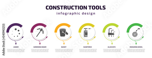 construction tools infographic template with icons and 6 step or option. construction tools icons such as loader, gardening digger, bucket, blowtorch, allen keys, measuring wheel vector. can be used