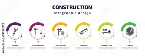 construction infographic template with icons and 6 step or option. construction icons such as spanner, big derrick with boxes, constructions, hacksaw, truck with load, stopping vector. can be used