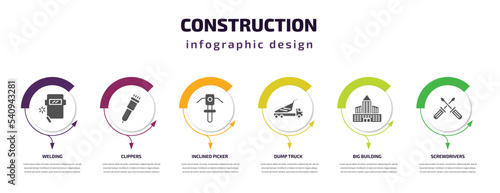 construction infographic template with icons and 6 step or option. construction icons such as welding, clippers, inclined picker, dump truck, big building, screwdrivers vector. can be used for
