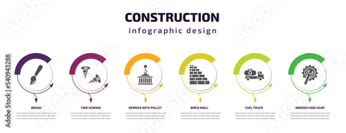 construction infographic template with icons and 6 step or option. construction icons such as brush, two screws, derrick with pallet, birck wall, fuel truck, wrench and gear vector. can be used for