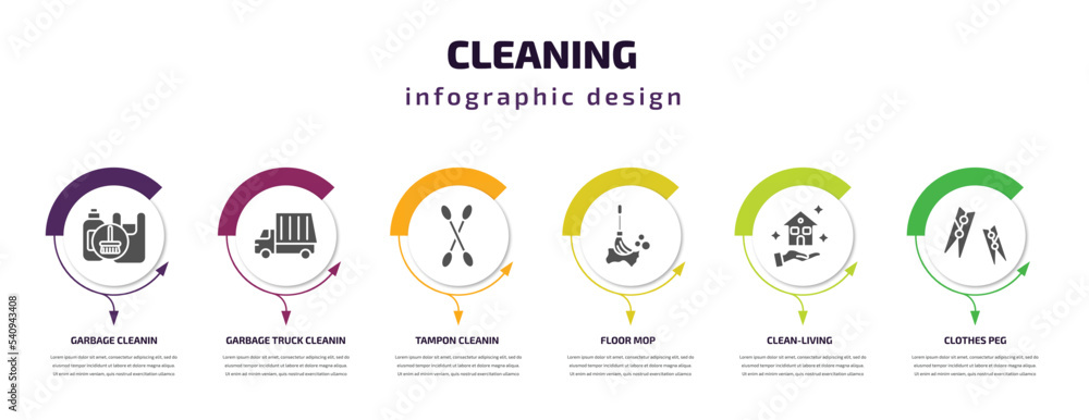 cleaning infographic template with icons and 6 step or option. cleaning icons such as garbage cleanin, garbage truck cleanin, tampon cleanin, floor mop, clean-living, clothes peg vector. can be used