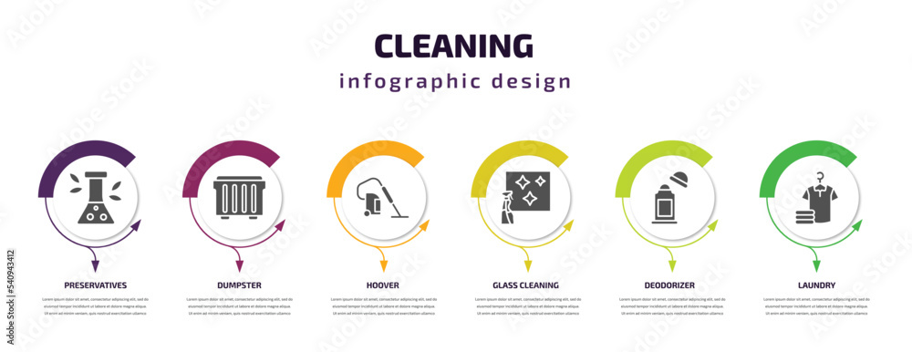 Fototapeta premium cleaning infographic template with icons and 6 step or option. cleaning icons such as preservatives, dumpster, hoover, glass cleaning, deodorizer, laundry vector. can be used for banner, info graph,