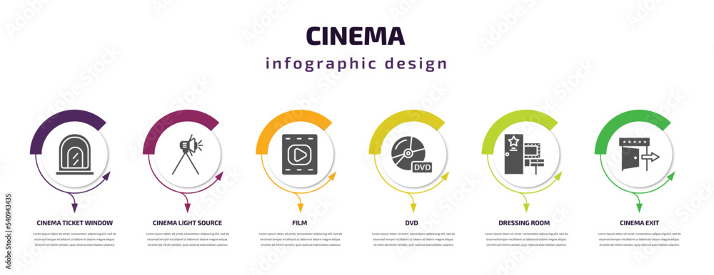 cinema infographic template with icons and 6 step or option. cinema icons such as cinema ticket window, light source, film, dvd, dressing room, exit vector. can be used for banner, info graph, web,