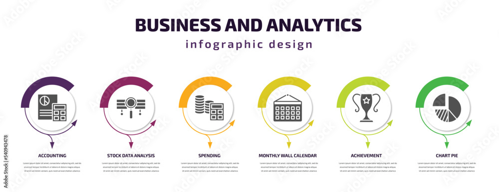 business and analytics infographic template with icons and 6 step or option. business and analytics icons such as accounting, stock data analysis, spending, monthly wall calendar, achievement, chart