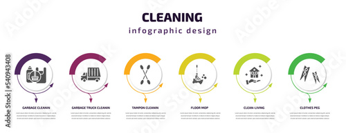 cleaning infographic template with icons and 6 step or option. cleaning icons such as garbage cleanin, garbage truck cleanin, tampon cleanin, floor mop, clean-living, clothes peg vector. can be used
