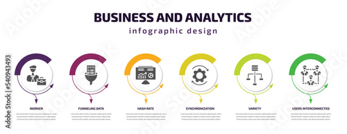 business and analytics infographic template with icons and 6 step or option. business and analytics icons such as worker, funneling data, hash rate, synchronization, variety, users interconnected
