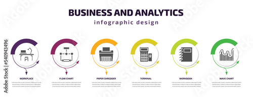 business and analytics infographic template with icons and 6 step or option. business and analytics icons such as workplace, flow chart, paper shredder, terminal, workbook, wave chart vector. can be