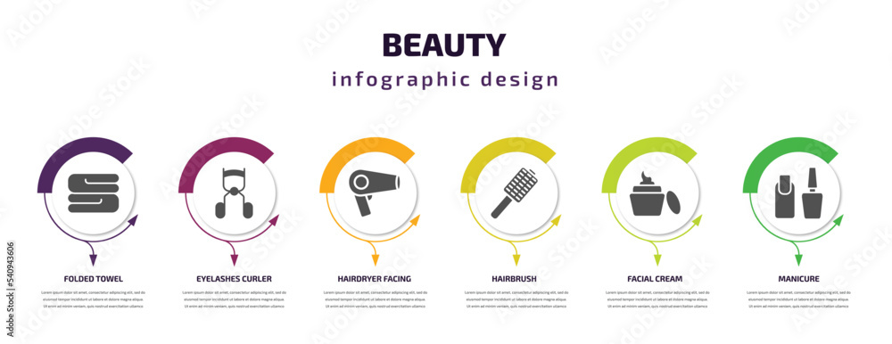 beauty infographic template with icons and 6 step or option. beauty icons such as folded towel, eyelashes curler, hairdryer facing left, hairbrush, facial cream, manicure vector. can be used for