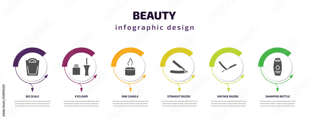 beauty infographic template with icons and 6 step or option. beauty icons such as big scale, eyeliner, one candle, straight razor, vintage razor, shampoo bottle vector. can be used for banner, info
