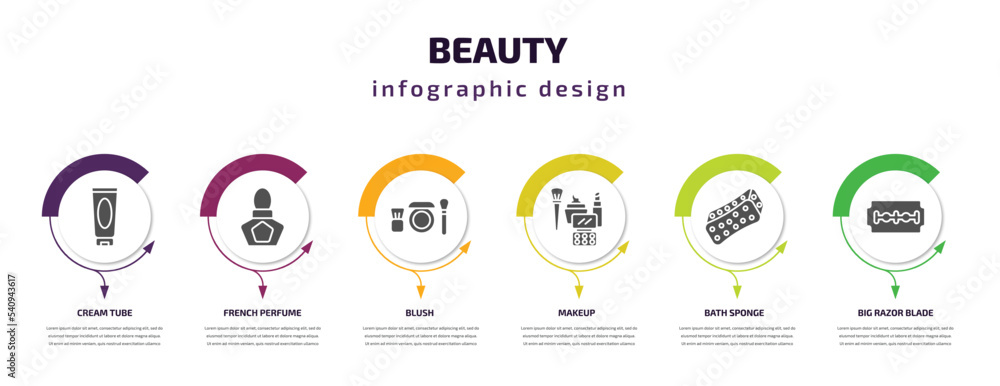 Fototapeta premium beauty infographic template with icons and 6 step or option. beauty icons such as cream tube, french perfume, blush, makeup, bath sponge, big razor blade vector. can be used for banner, info graph,