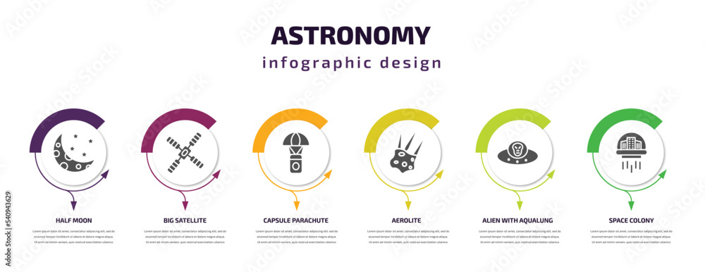 astronomy infographic template with icons and 6 step or option. astronomy icons such as half moon, big satellite, capsule parachute, aerolite, alien with aqualung, space colony vector. can be used