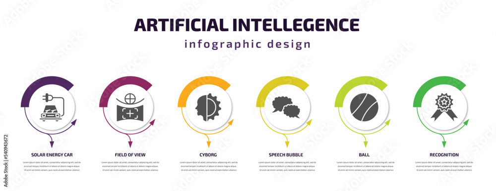 artificial intellegence infographic template with icons and 6 step or option. artificial intellegence icons such as solar energy car, field of view, cyborg, speech bubble, ball, recognition vector.