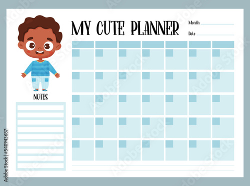 My cute planner. Kids monthly organizer and notes with cartoon black ethnic boy. Vector horizontal template in blue for print and design, children collection, stationery, schedule, planning.