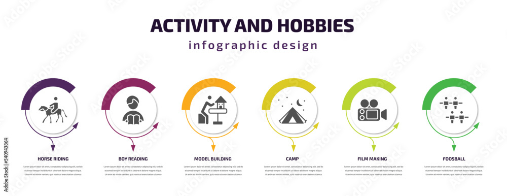 activity and hobbies infographic template with icons and 6 step or option. activity and hobbies icons such as horse riding, boy reading, model building, camp, film making, foosball vector. can be activity and hobbies infographic template with icons and 6 step or option. activity and hobbies icons such as horse riding, boy reading, model building, camp, film making, foosball vector. can be