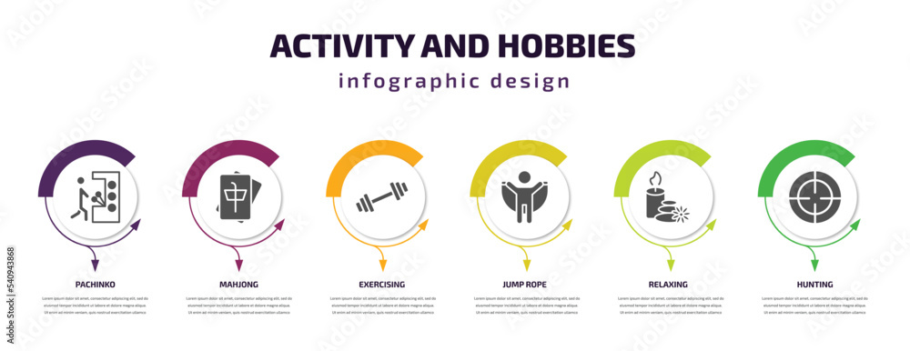 activity and hobbies infographic template with icons and 6 step or option. activity and hobbies icons such as pachinko, mahjong, exercising, jump rope, relaxing, hunting vector. can be used for