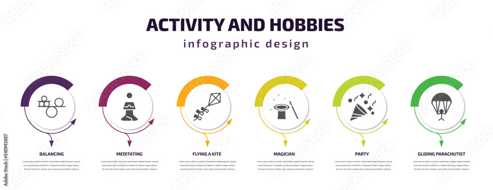 activity and hobbies infographic template with icons and 6 step or option. activity and hobbies icons such as balancing, meditating, flying a kite, magician, party, gliding parachutist vector. can activity and hobbies infographic template with icons and 6 step or option. activity and hobbies icons such as balancing, meditating, flying a kite, magician, party, gliding parachutist vector. can