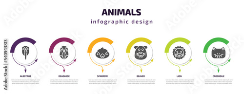 animals infographic template with icons and 6 step or option. animals icons such as albotros, deadlock, sparrow, beaver, lion, crocodile vector. can be used for banner, info graph, web,